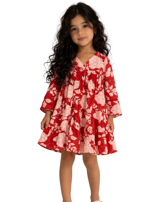 Girls Red Floral Printed Cotton Dress | Premium Kidswear by Canticle Lifestyle